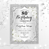 80歳の誕生日 - シルバーのストライプと白いバラ 招待状