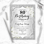 80歳の誕生日 - シルバーのストライプと白いバラ 招待状