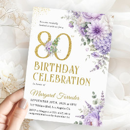 80歳の誕生日 ダスティパープルの花 ゴールドラメ 招待状