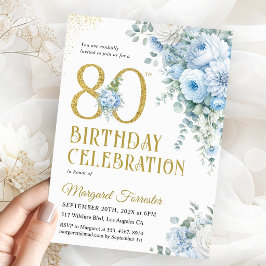80歳の誕生日 ダスティブルー フラワー ゴールドラメ 招待状