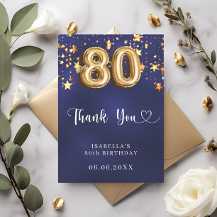 80歳の誕生日　ネイビーブルーとゴールドの星 サンキューカード