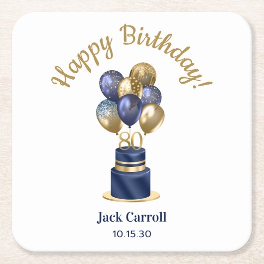 80歳の誕生日 ネイビーブルーのバルーンケーキ スクエアペーパーコースター (正面)