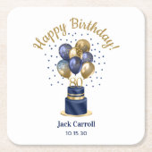 80歳の誕生日 ネイビーブルーのバルーンケーキ スクエアペーパーコースター (正面)