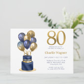 80歳の誕生日 ネイビーブルーのバルーンケーキ 招待状 (スタンド正面)
