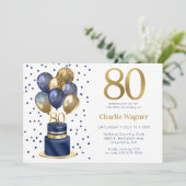 80歳の誕生日 ネイビーブルーのバルーンケーキ 招待状 (スタンド正面)