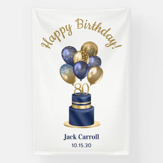 80歳の誕生日 ネイビーブルーのバルーンケーキ 横断幕 (縦)