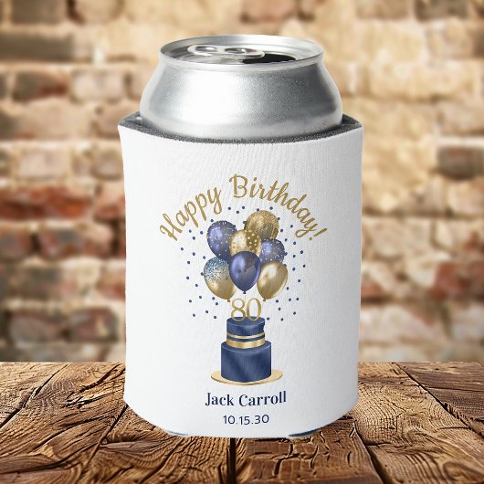80歳の誕生日 ネイビーブルーのバルーンケーキ 缶クーラー