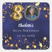 80歳の誕生日 ネイビーブルー ゴールドの星の写真 スクエアシール (正面)