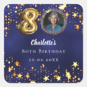 80歳の誕生日 ネイビーブルー 金色の星 写真 スクエアシール (正面)