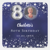 80歳の誕生日 ネイビーブルー 銀の星の写真 スクエアシール (正面)