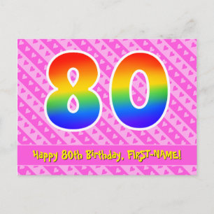 80歳の誕生日：ピンクのストライプとハート、虹色の80 ポストカード