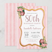 80歳の誕生日 ピンクのストライプ 花柄 ゴールドグリッター おしゃれ 招待状 (正面/裏面)