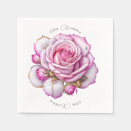 80歳の誕生日 ピンクのバラと輝くダイヤモンド スタンダードカクテルナプキン (正面)
