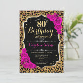 80歳の誕生日 - ピンクのバラ ヒョウ柄 招待状 (スタンド正面)
