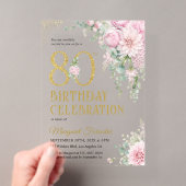 80歳の誕生日 ピンクの花 ゴールドの輝き アクリル招待状 (インサイチュ (ポータブル))