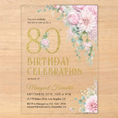 80歳の誕生日 ピンクの花 ゴールドの輝き アクリル招待状 (正面)