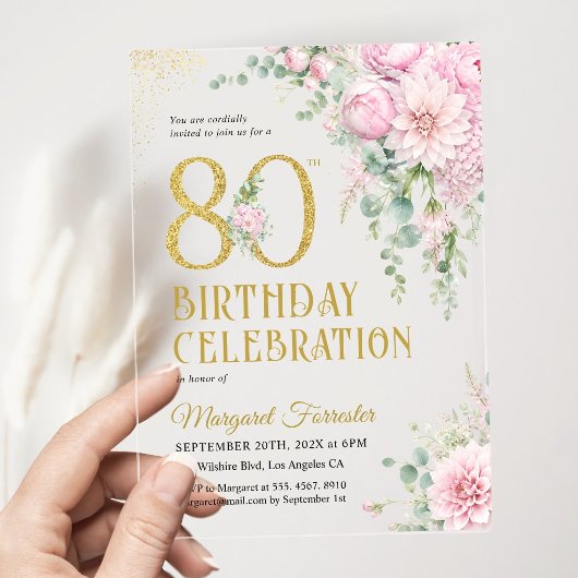 80歳の誕生日 ピンクの花 ゴールドの輝き アクリル招待状