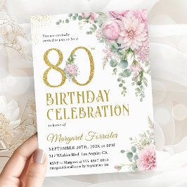 80歳の誕生日 ピンクの花 ゴールドの輝き 招待状