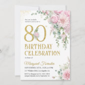 80歳の誕生日 ピンクの花 ゴールドの輝き 招待状 (正面)