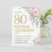 80歳の誕生日 ピンクの花 ゴールドの輝き 招待状 (スタンド正面)