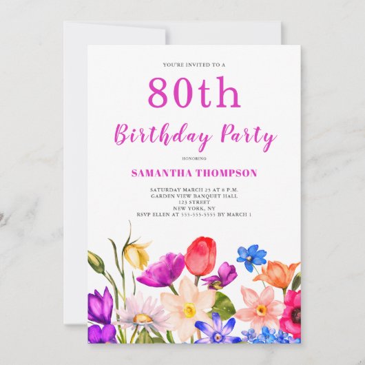 80歳の誕生日 ピンクの花 招待状 (正面)