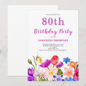 80歳の誕生日 ピンクの花 招待状 (正面/裏面)
