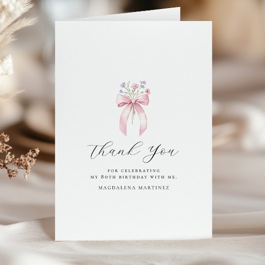 80歳の誕生日 ピンクの蝶リボン ワイルドフラワーの折り紙 サンキューカード