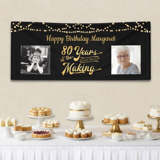 80歳の誕生日 ブラックゴールドのストリングライトの写真 横断幕