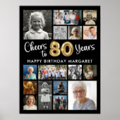 80歳の誕生日 ブラックゴールド 16枚の写真 おめでとう80年 ポスター (正面)