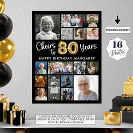 80歳の誕生日 ブラックゴールド 16枚の写真 おめでとう80年 ポスター