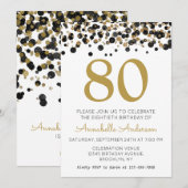 80歳の誕生日 ブラック ゴールド グリッター スパークル コンフェッティ 招待状 (正面/裏面)