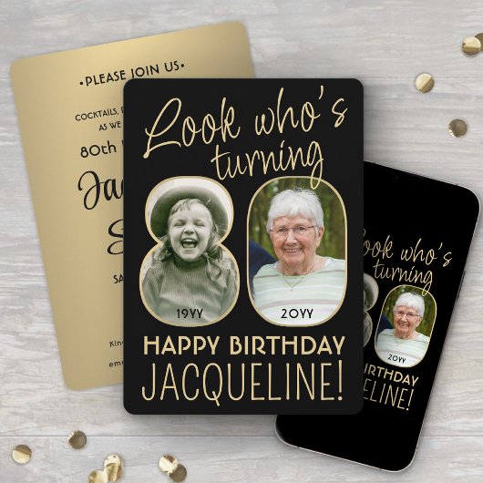 80歳の誕生日 ブラック&ゴールド バースデーパーティー 2枚の写真入り 招待状