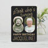 80歳の誕生日 ブラック&ゴールド バースデーパーティー 2枚の写真入り 招待状 (スタンド正面)