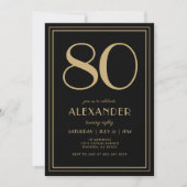 80歳の誕生日 ブラック ゴールド モダン ミニマル 大人 招待状 (正面)