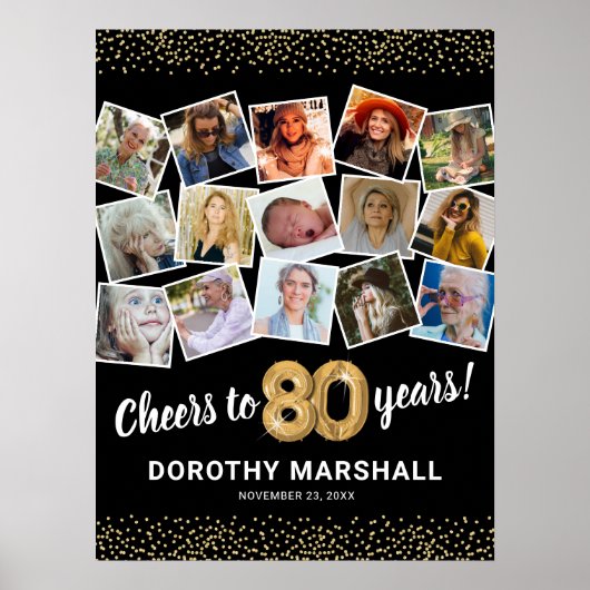 80歳の誕生日 ブラック ゴールド 写真パーティー ポスター (正面)