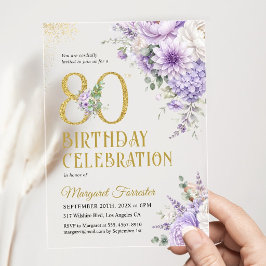 80歳の誕生日 ブルゴーニュピンクの花 ゴールドラメ アクリル招待状