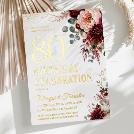 80歳の誕生日 ブルゴーニュローズ フローラル リアルゴールド 箔招待状