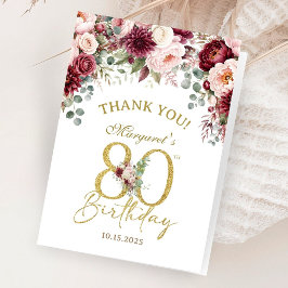 80歳の誕生日 ブルゴーニュ ブラッシュ折りたたみ式御礼カード サンキューカード