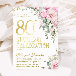 80歳の誕生日 ブルッシュピンクの花 実金メッキ 箔招待状