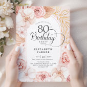 80歳の誕生日 ブルッシュピンク ゴールド フラワー 招待状