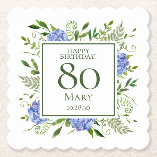 80歳の誕生日 ブルー・ハイドランジア ペーパーコースター (正面)