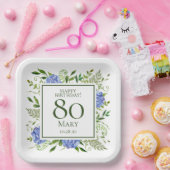 80歳の誕生日 ブルー・ハイドランジア ペーパープレート (パーティー)