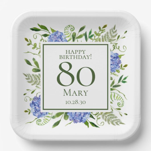 80歳の誕生日 ブルー・ハイドランジア ペーパープレート (正面)