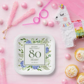 80歳の誕生日 ブルー・ハイドランジア ペーパープレート (パーティー)