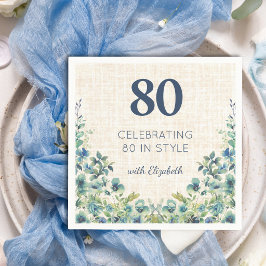 80歳の誕生日 ブルー ボタニカル リネン テーブル装飾 スタンダードカクテルナプキン