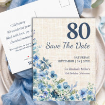 80歳の誕生日 ブルー・ボタニカル・リネン Save the Date