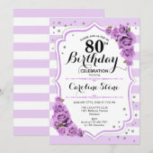 80歳の誕生日 - ラベンダー ホワイト パープル フラワー 招待状 (正面/裏面)