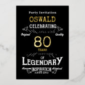80歳の誕生日 レジェンド ブラックゴールド レトロ 箔招待状 (正面)