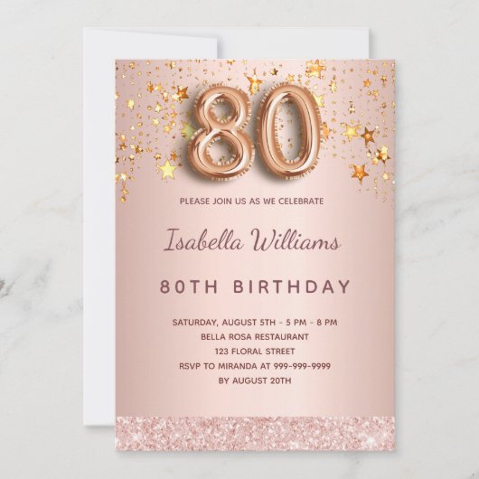 80歳の誕生日 ローズゴールドのフラッシュ スター 招待状 (正面)