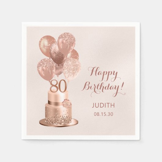 80歳の誕生日 ローズゴールドケーキ スタンダードカクテルナプキン (正面)